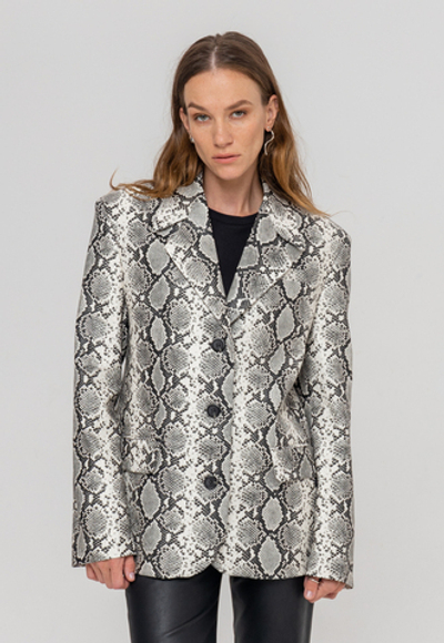 Жакет однобортный из экокожи в змеином принте черно-белый