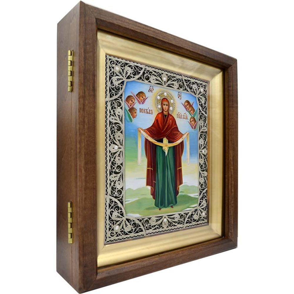 Покров Пресвятой Богородицы. Рукописная икона с серебряной филигранью и жемчугом.