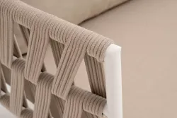 "Диего" диван 2-местный плетеный из роупа, каркас алюминий белый муар, роуп бежевый круглый, ткань бежевая 15052