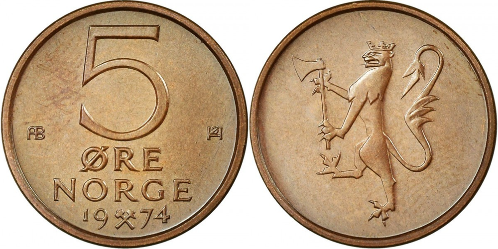 Норвегия 5 эре, 1973 - 1982 Король Улаф V XF