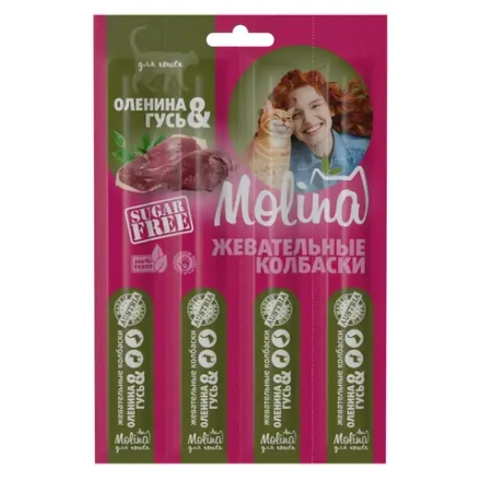Лакомство для кошек Molina жевательные колбаски для кошек Оленина и гусь, 20 г