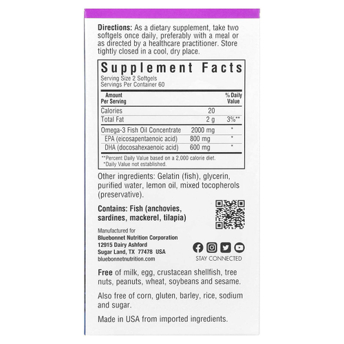 Bluebonnet Nutrition, рыбий жир с омега-3, для здоровья сердца, со вкусом лимона, 120 капсул (1000 мг в каждой)