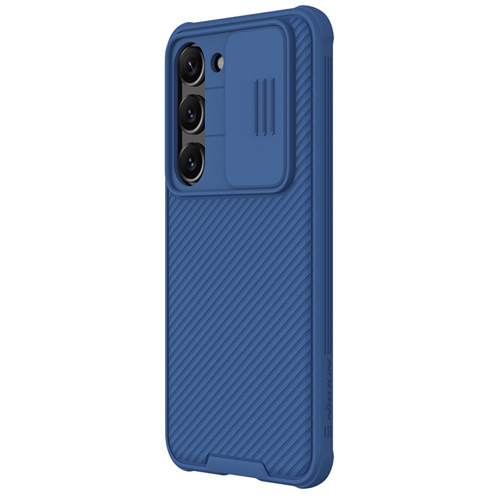 Чехол синего цвета от Nillkin на смартфон Samsung Galaxy S23, серия CamShield Pro (с сдвижной шторкой для камеры)