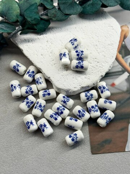 Керамические бусины, бочонок 17*10 мм, «Гжель», темно-синий, 10 штук