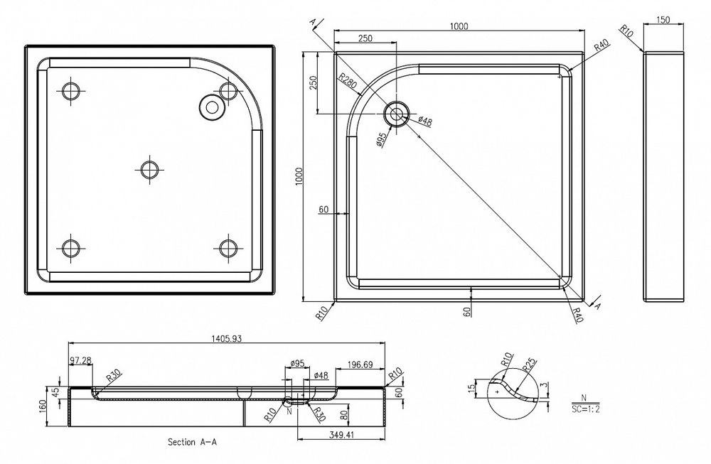Поддон акриловый Azzario GREENWOOD 100x100x15 P110 R/L  схема