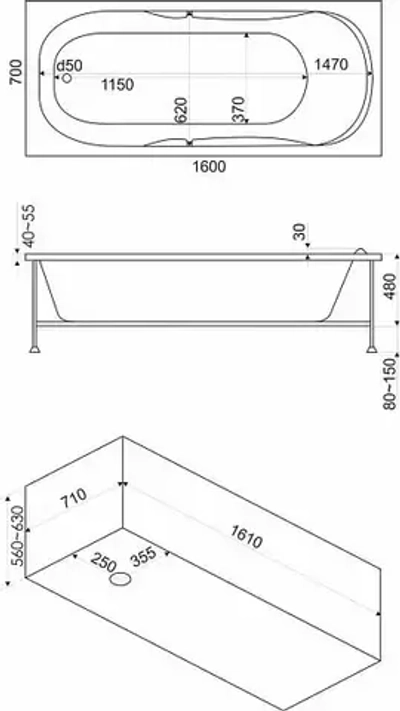Акриловая ванна Bas Мальдива 160х70 без слива-перелива