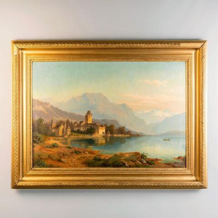 Винтаж: Картина «Пейзаж с горным озером»
