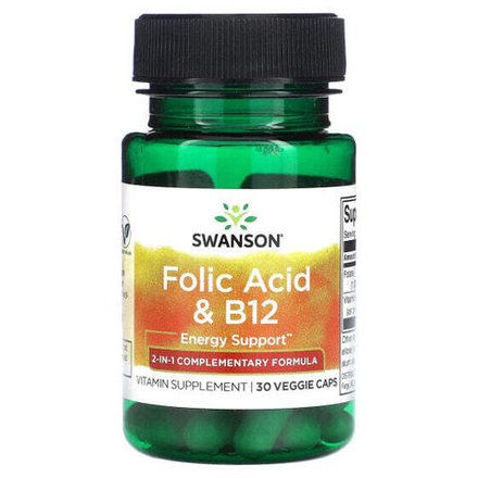 Витамины группы B Swanson, Фолиевая кислота и витамин B12, 30 растительных капсул