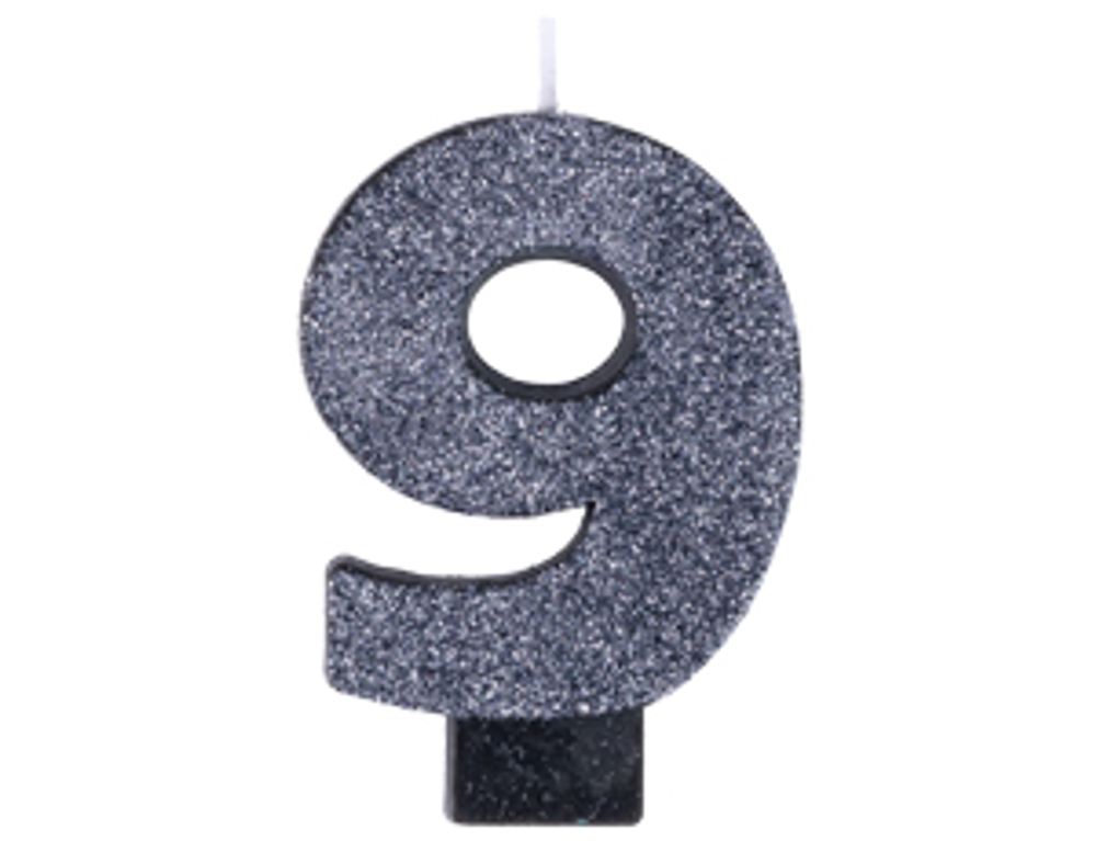 Свеча -цифра 9 Черная глиттер 8см