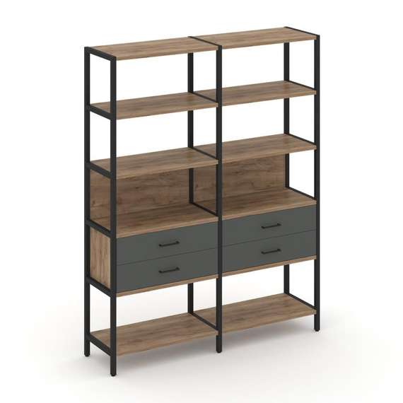 Shelf System Двухсекционный стеллаж пятиярусный с ящиками SN.STM-522 Дуб Табак/Антрацит/Металл Черны
