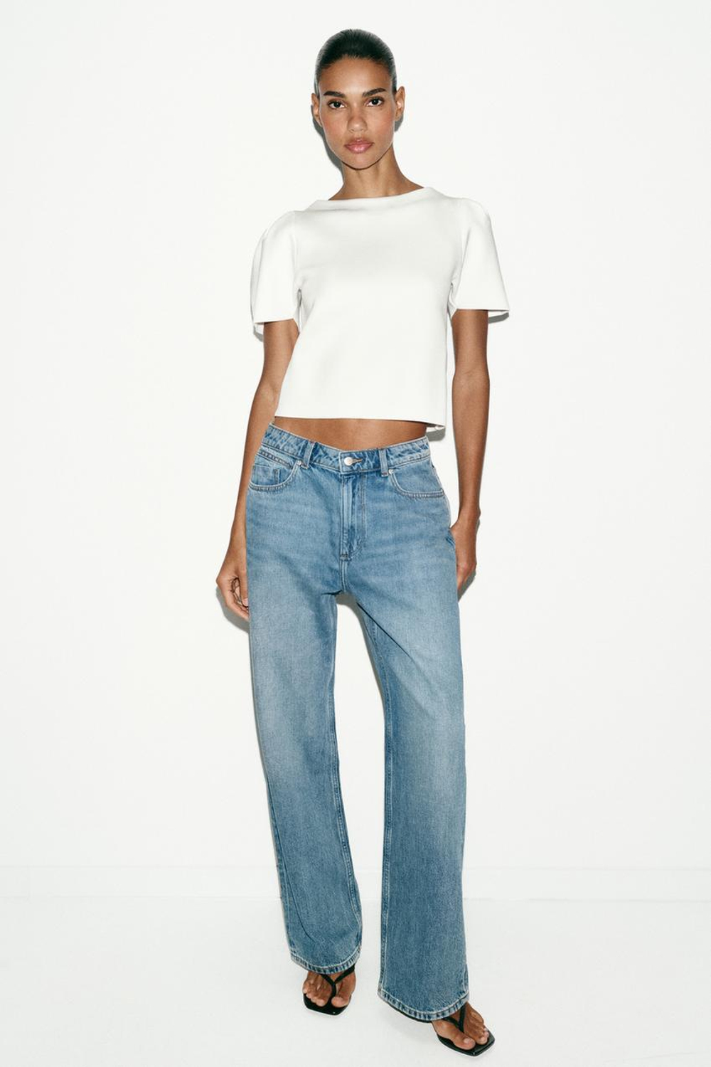 ZARA ТРИКОТАЖНЫЙ ТОП С ОБЪЕМНЫМИ РУКАВАМИ, БЕЛЫЙ