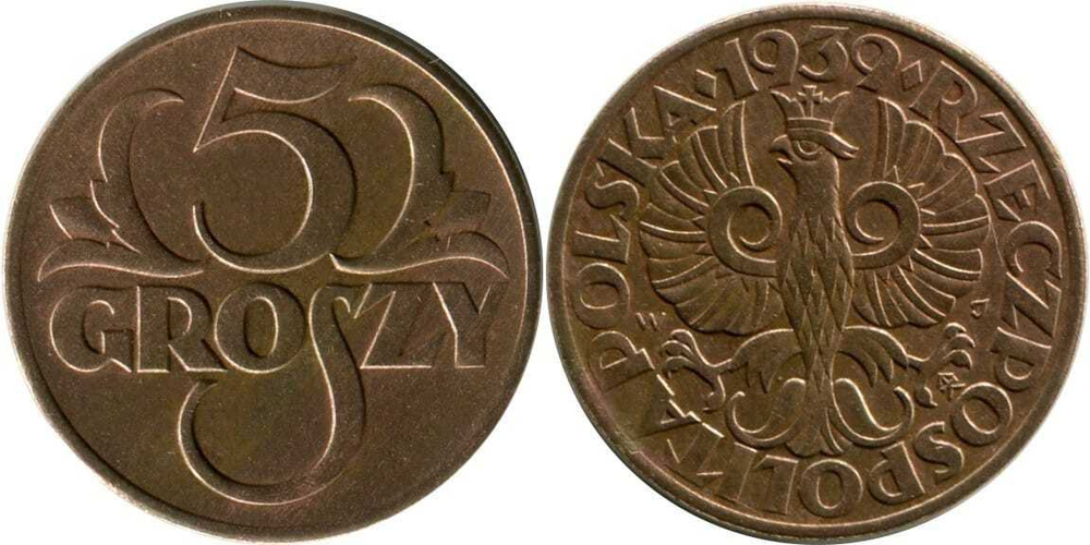 Польша 5 грошей, 1925 - 1939 Герб XF