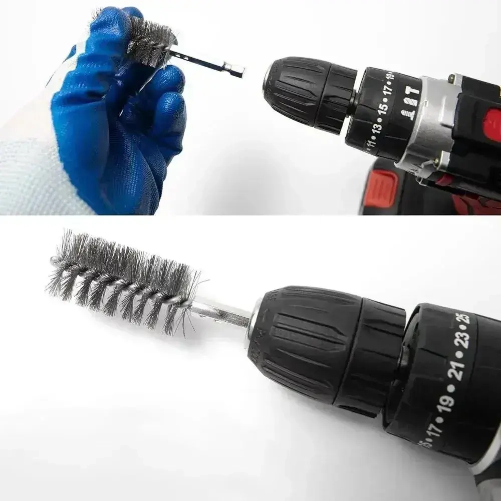 Щетка скважины нержавеющей стали с шестигранной ручкой для дрели и шуруповёрта 12 шт - для удаления ржавчины и полировки поверхностей / снятия заусенцев