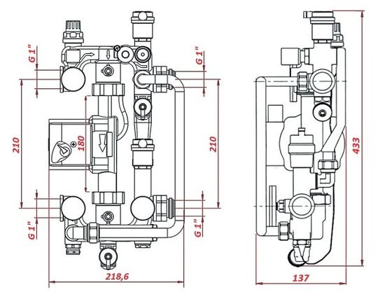Насосно-смесительный узел Rommer RDG-0120-008000 с термоголовкой, перепускным клапаном и байпасом