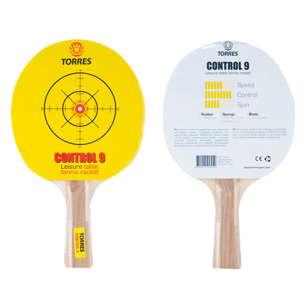 Ракетка для н/т TORRES Control 9, TT0002, для начинающих, накладка 1,8 мм, конич. ручка