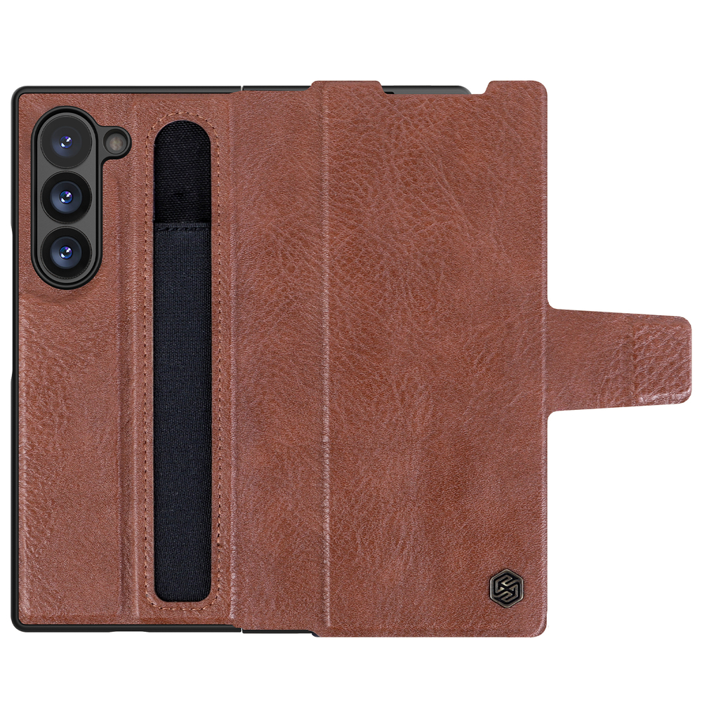 Кожаный чехол коричневого цвета от Nillkin для Samsung Galaxy Z Fold 6 5G, серия Aoge Leather Case с эластичным карманом для хранения S-pen