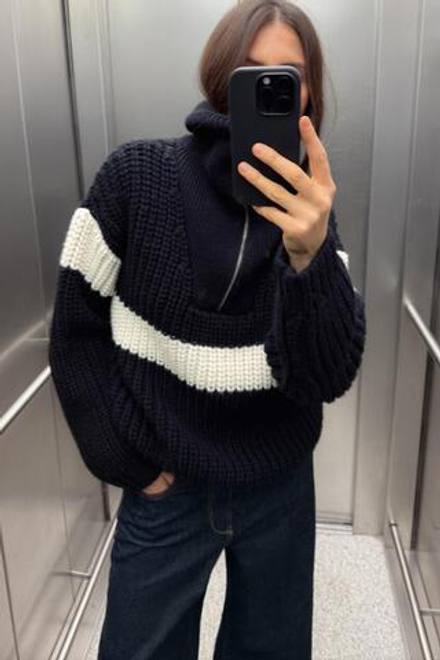 ZARA СВИТЕР В ПОЛОСКУ, ТЕМНО-СИНИЙ/ЭКРЮ