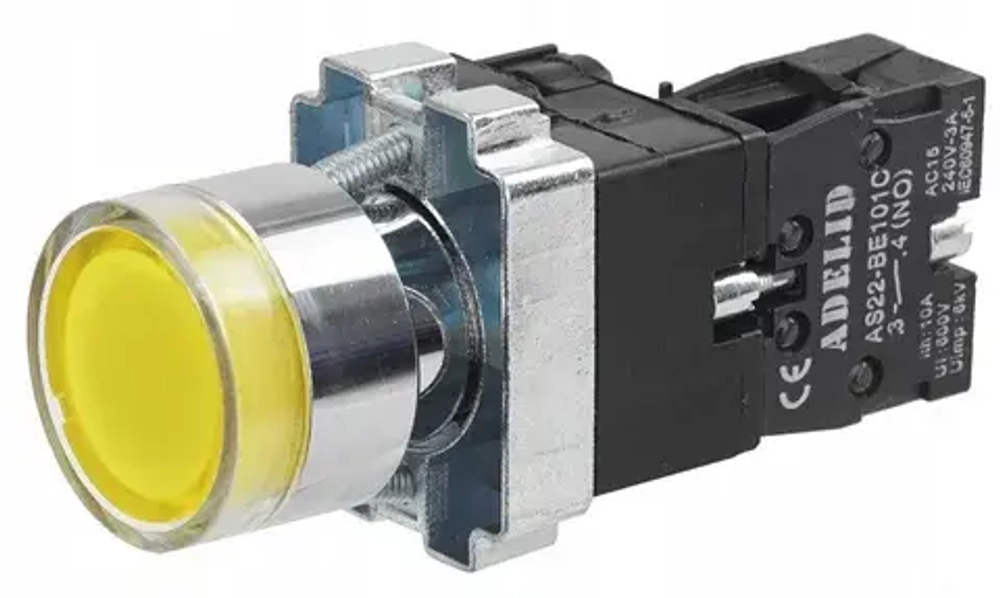 Кнопка с LED подсветкой,желтая, 220V,AC/DC,1NO, мет.МТВ2-BW3563 арт.58207
