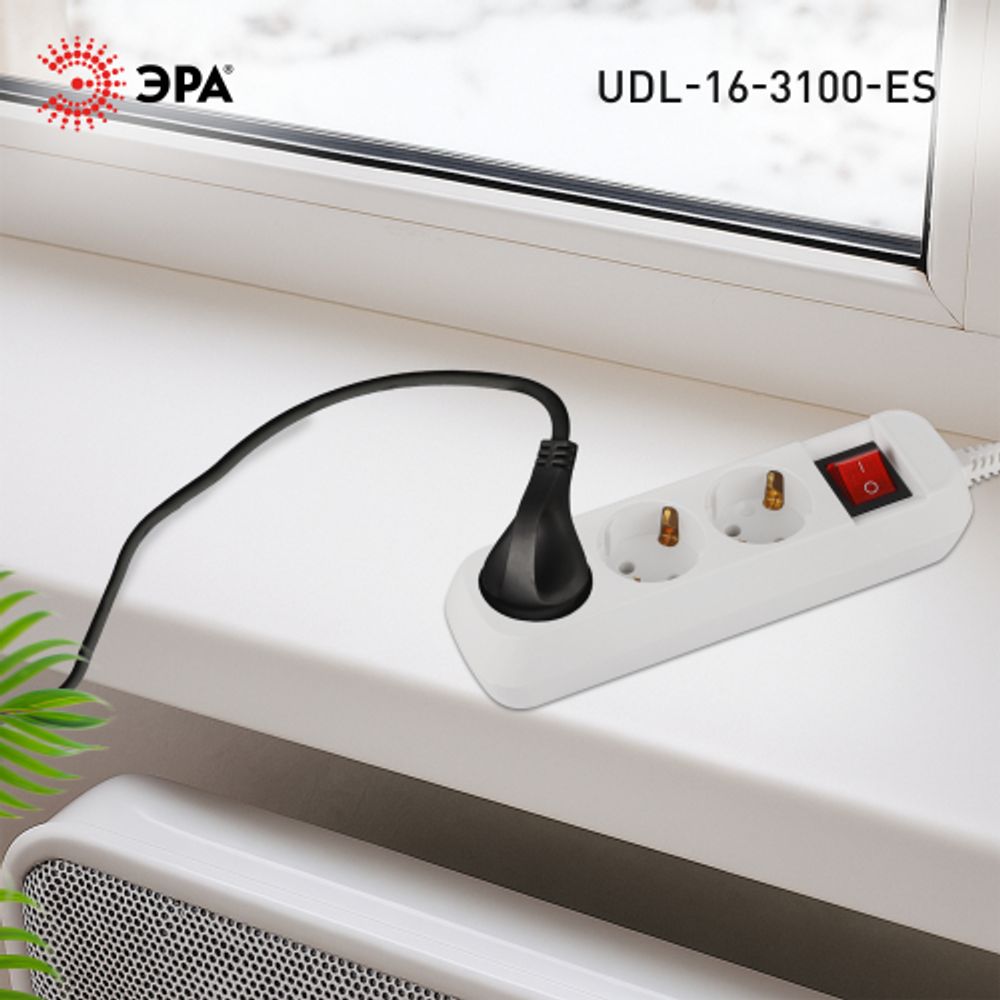 Удлинитель электрический ЭРА UDL-16-3100-ES Greenline 3 розетки с заземлением с выключателем 10м ПВС 3x1мм2 | Бытовые удлинители