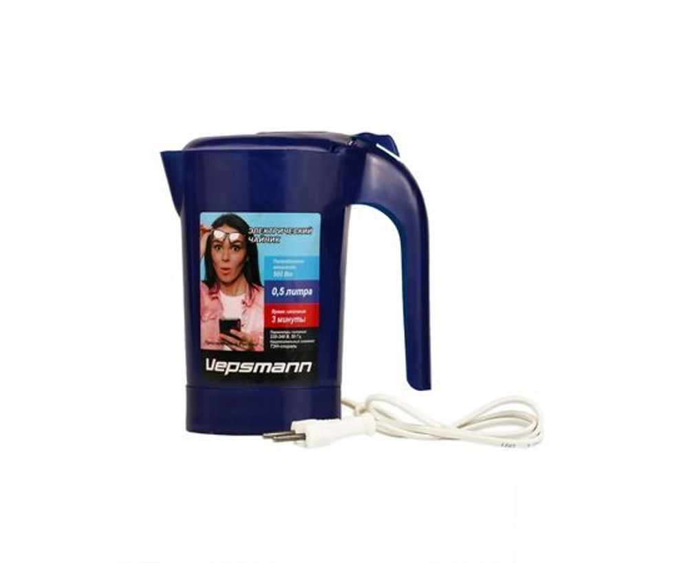 Чайник электрический Vepsmann, VN-102, синий, 0.5 л, 500 Вт