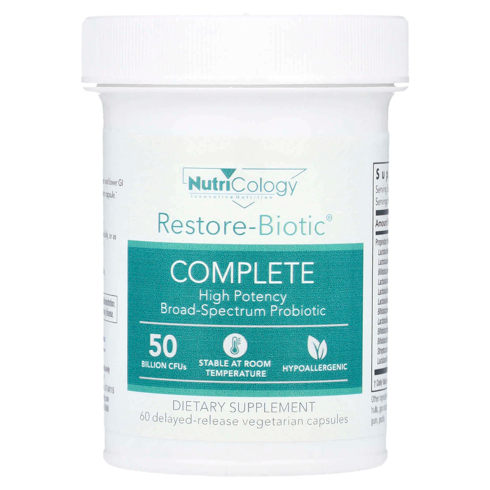 Nutricology, Restore-Biotic® Complete, 50 млрд КОЕ, 60 вегетарианских капсул с отсроченным высвобождением