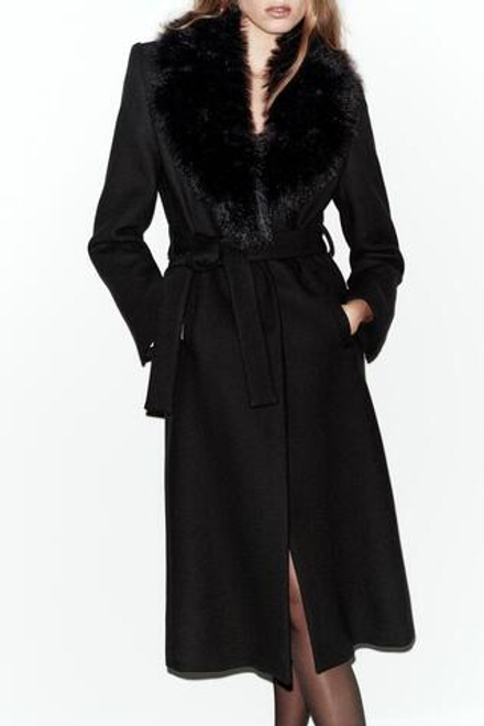 ZARA ПАЛЬТО ИЗ ШЕРСТИ С ЛАЦКАНАМИ ИЗ ИСКУССТВЕННОГО МЕХА И ПОЯСОМ, ЧЕРНЫЙ