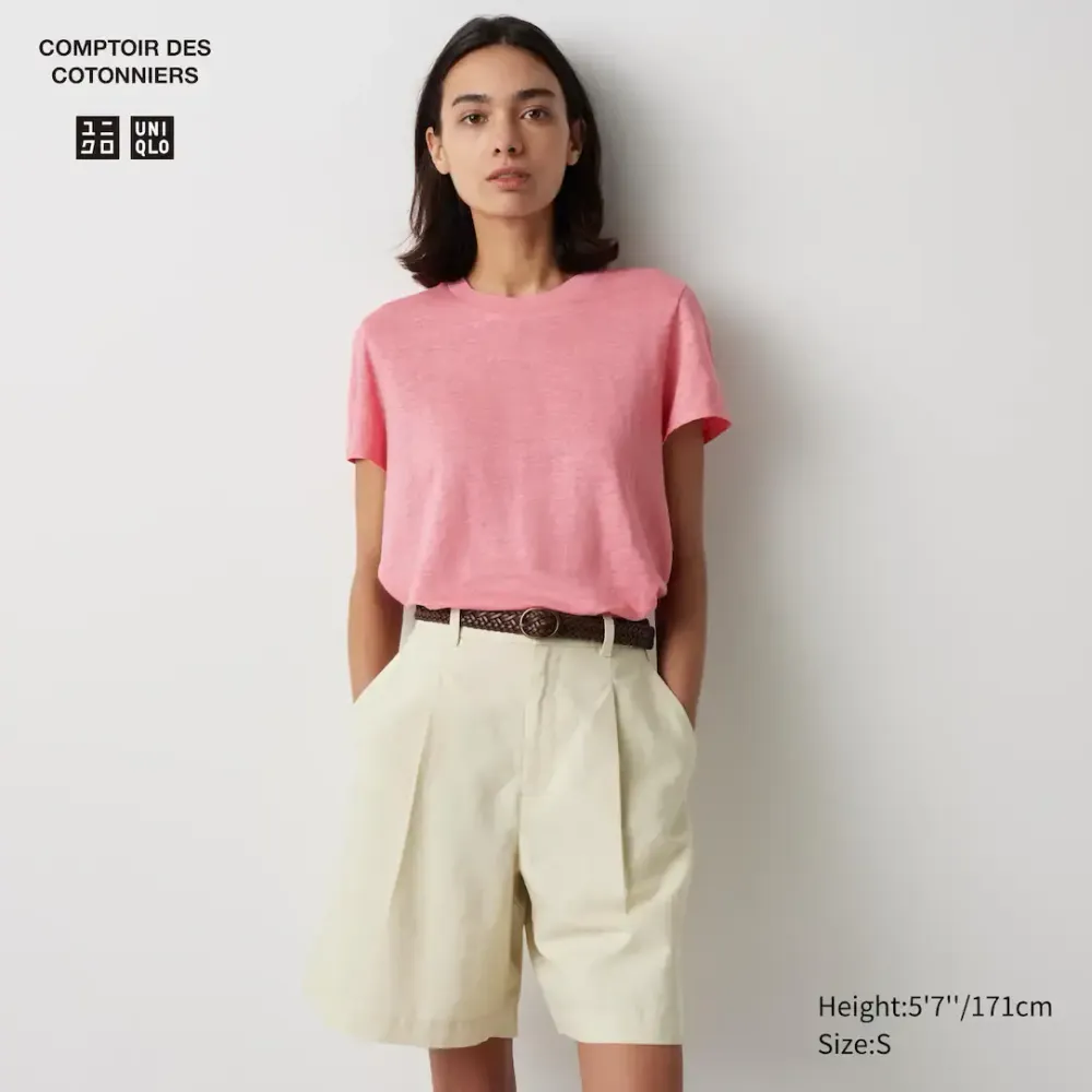 UNIQLO ФУТБОЛКА С КРУГЛЫМ ВЫРЕЗОМ И КОРОТКИМИ РУКАВАМИ, РОЗОВЫЙ