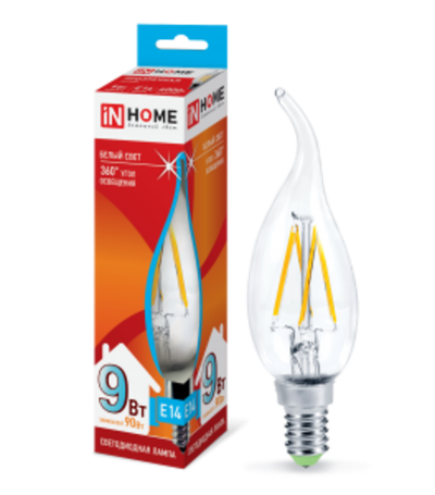 Лампа светодиодная LED-СВЕЧА НА ВЕТРУ-deco 9Вт 230В Е14 4000К БЕЛЫЙ 1040Лм прозрачная IN HOME