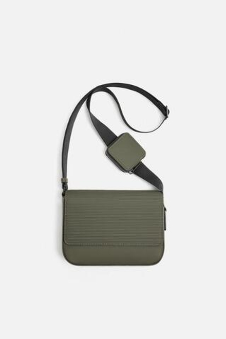 ZARA ПРОРЕЗИНЕННАЯ СУМКА ИЗ РЕЛЬЕФНОЙ ТКАНИ С ПЛЕЧЕВЫМ РЕМНЕМ, ЗЕЛЕНЫЙ ХАКИ