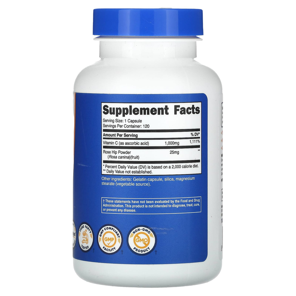 Nutricost, витамин C с шиповником, 1000 мг, 120 капсул