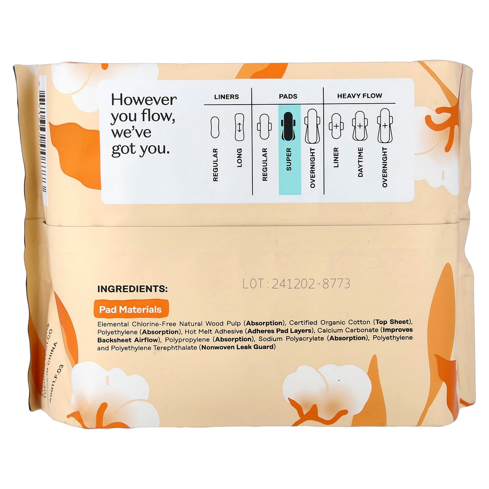 The Honey Pot Company, прокладки из 100% органического хлопка, не на основе трав, с крылышками, супер, 16 шт.