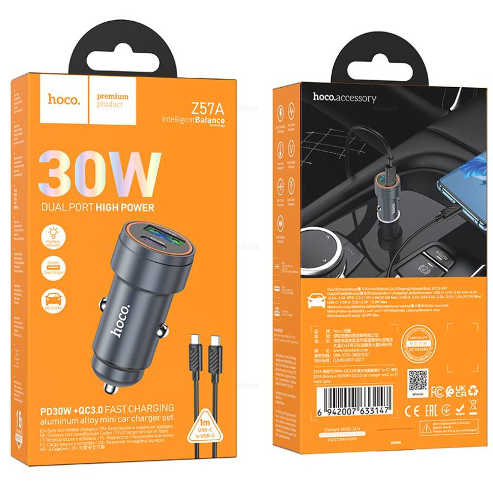 Автомобильное зарядное устройство для Type-C Hoco Z57A PD30W+QC3.0 (metal grey)