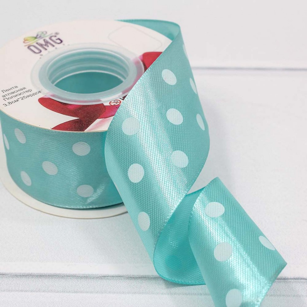 Лента Атласная 3,8см х 28м Сатин горох (Голубой)