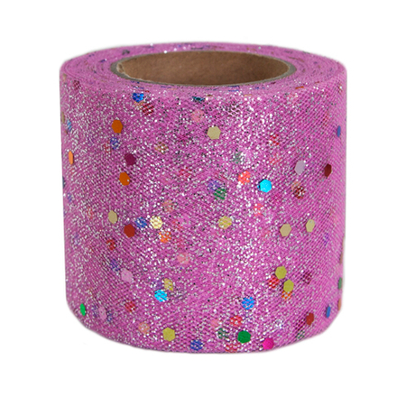 Лента (5,5 см*13,72 м) Фатин с блестками и пайетками, Ярко-розовый, 1 шт.