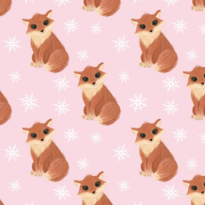 Пушистая лисичка на розовом со снежинками