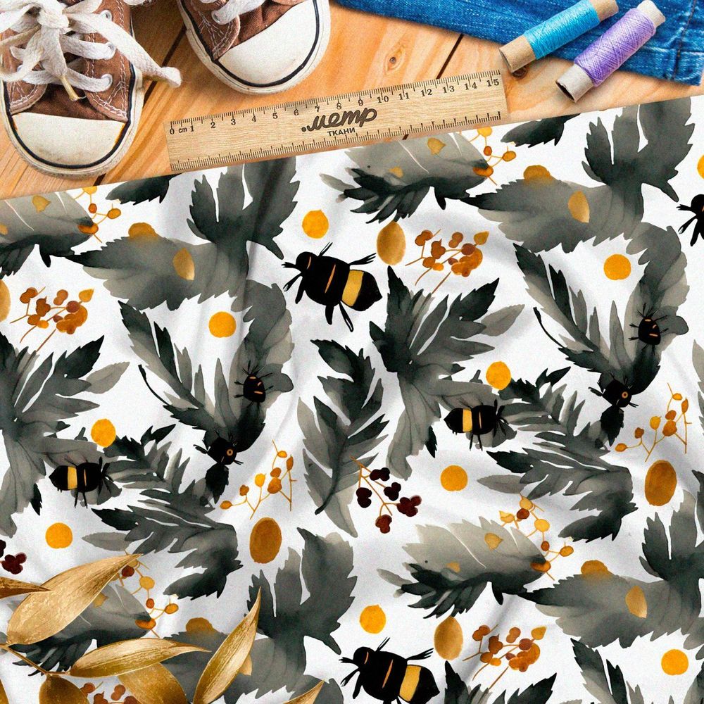 Ткань премиум таффета насекомые акварелью