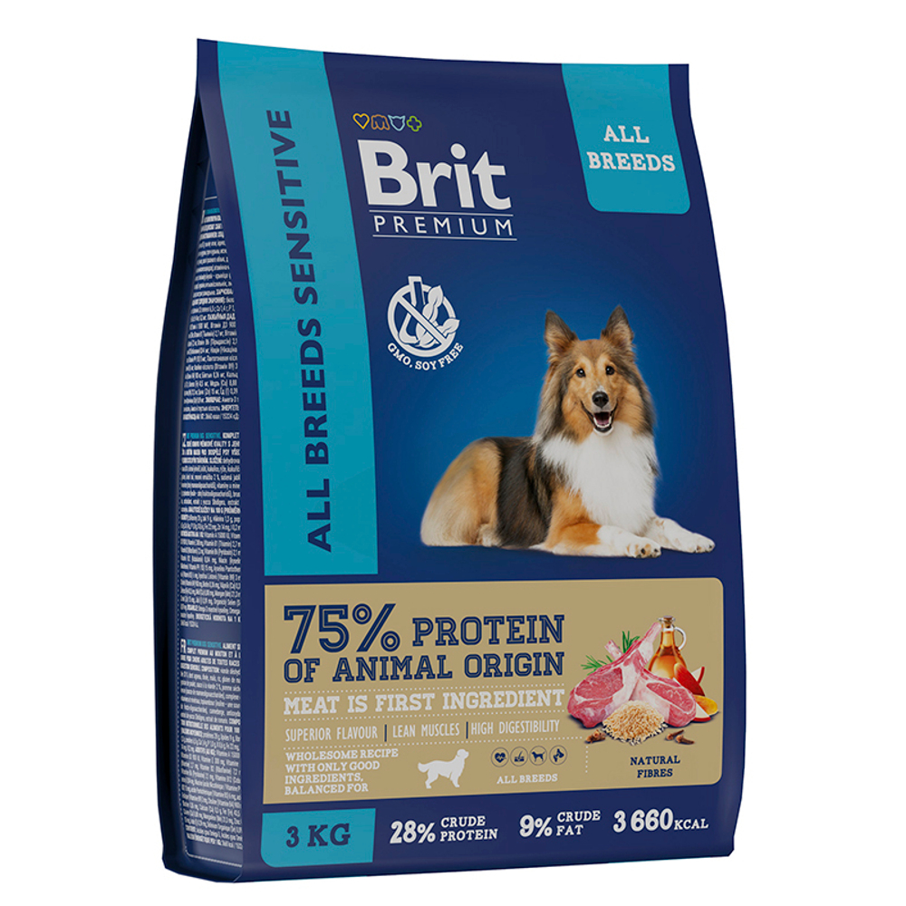 Сухой корм BRIT Premium Dog Sensitive ягненок и индейка 3кг,для собак с чувствит.пищев. 04.25