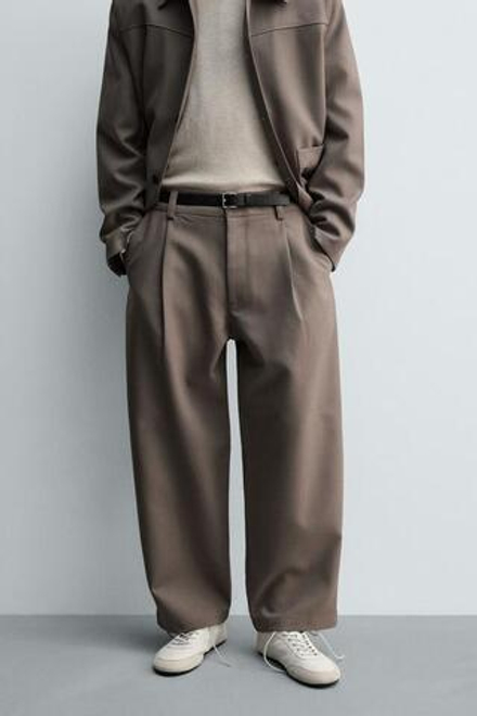 ZARA БРЮКИ BALLOON FIT С ЗАЩИПАМИ, СЕРО-КОРИЧНЕВЫЙ