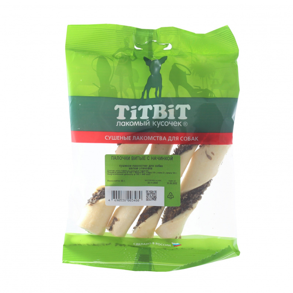TitBit лакомство для собак Палочки витые с начинкой мягкая упаковка 45 гр.
