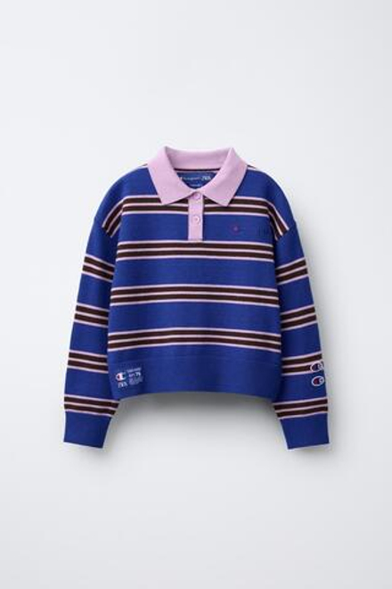 ZARA X CHAMPION ® ТРИКОТАЖНЫЙ ДЖЕМПЕР В ПОЛОСКУ С ВЫШИВКОЙ, ОТТЕНКИ СИНЕГО