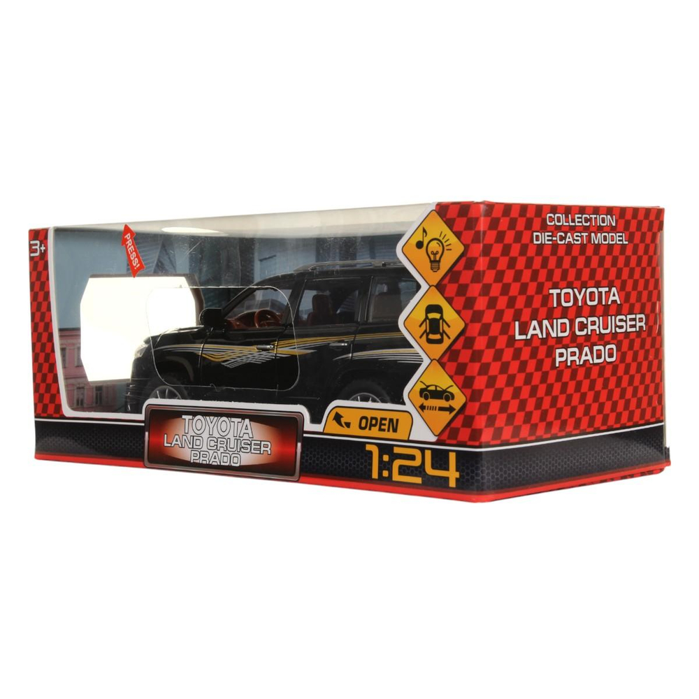 Модель ин. мет. "Toyota Land Cruiser Prado" 21см, свет-звук 21см, двери, черный, коробка CZ124-R (Техно