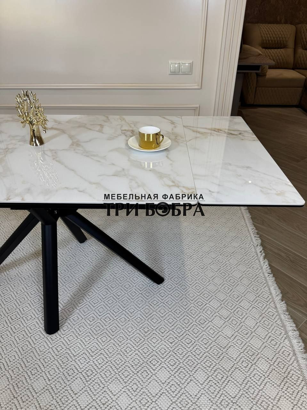 Кухонный раскладной стол "Монако" из керамогранита, белый мрамор