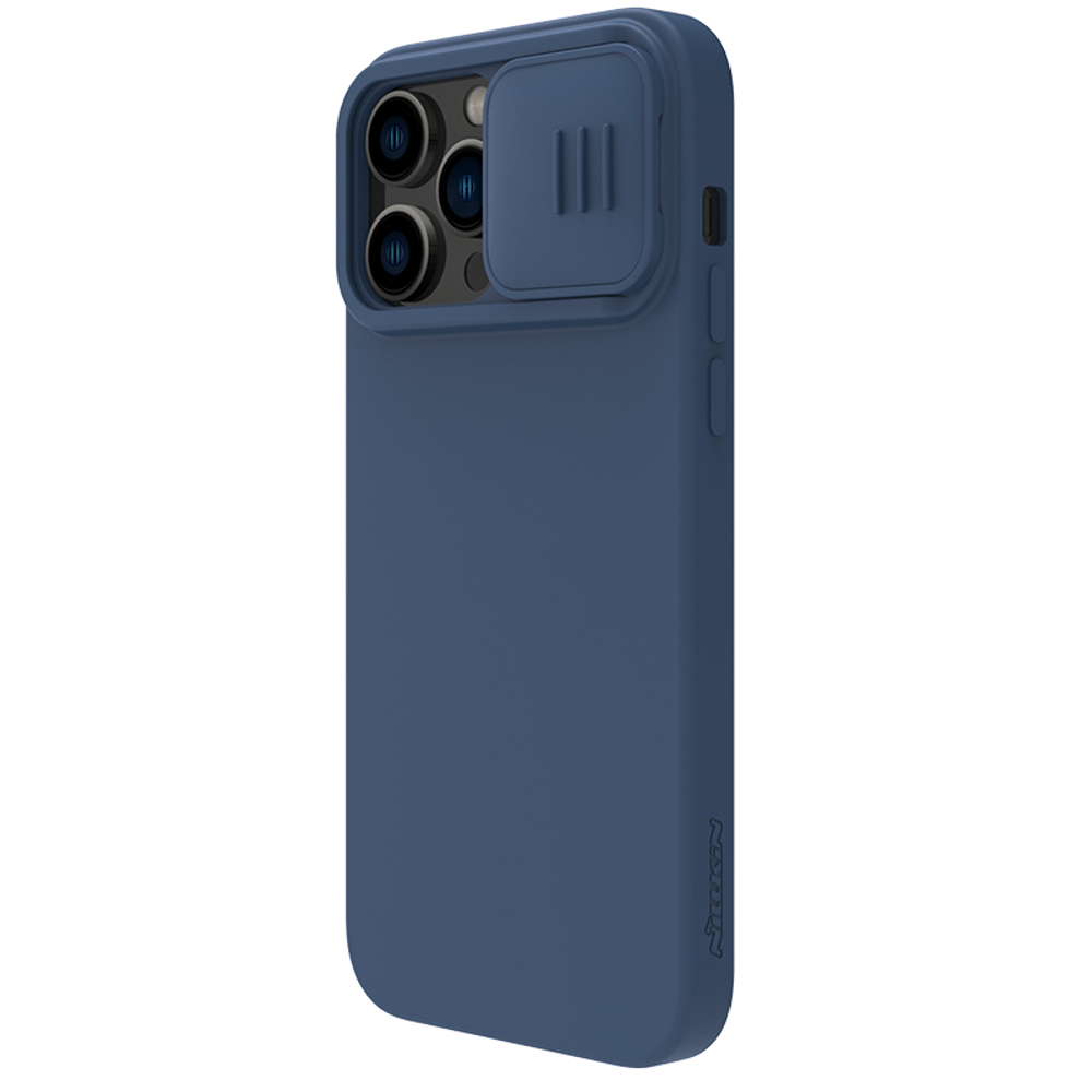 Чехол с шелковистым покрытием от Nillkin для iPhone 14 Pro Max, серия CamShield Silky Silicone Case с защитной шторкой для камеры, цвет синий Midnight Blue