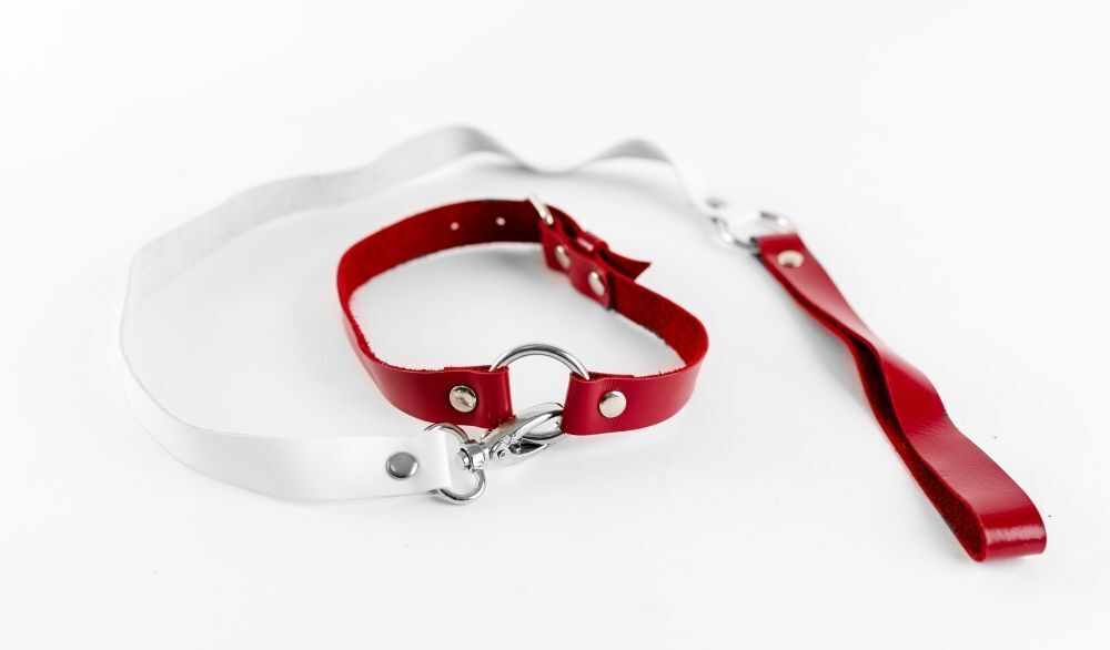 Бело-красный чокер из натуральной кожи с поводком (Цвет: белый с красным)
