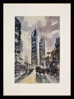 Картина авторская акварельная в паспарту 30х40 см на стену для интерьера "Урбанистический пейзаж"