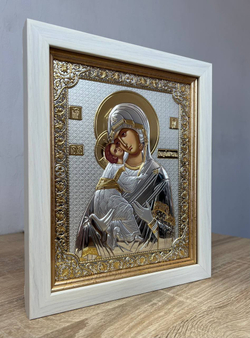 Владимирская БМ, икона прямоугольная в рамке под стеклом, белое дерево 232х280