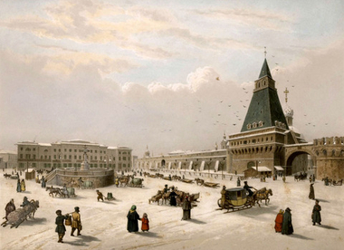 Москва. Лубянская площадь. Из серии Москва и С.Петербург. XIX в. Бумага, литография, акварель