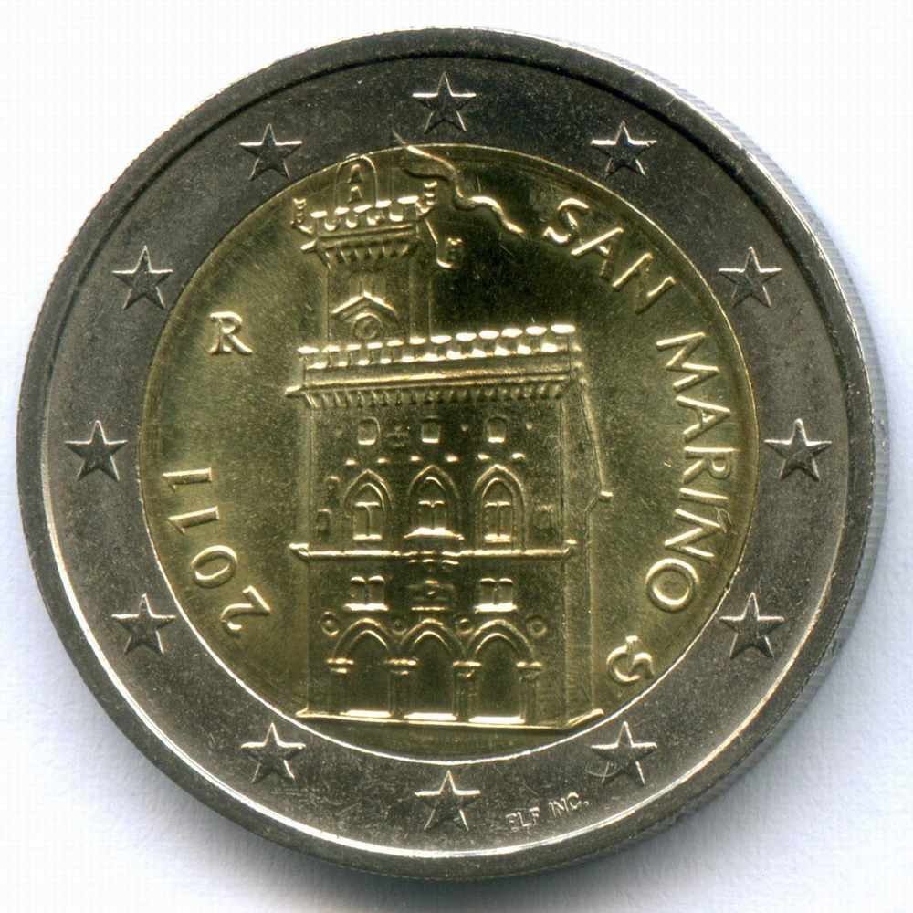 2 евро 2011 год. Сан-Марино. Регулярный выпуск. Тип 2. Биметалл UNC
