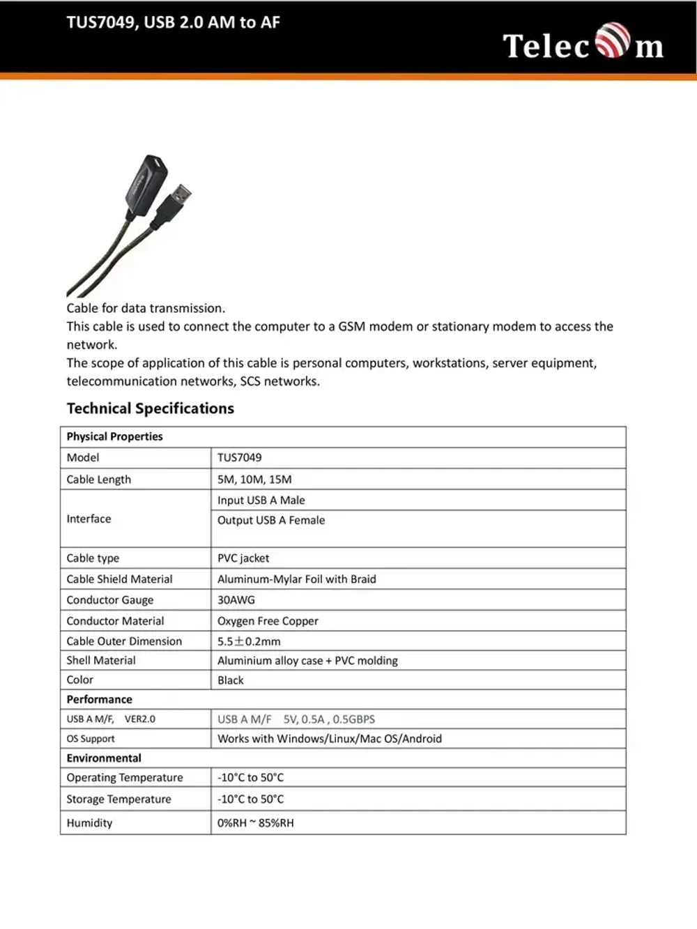 Активный удлинитель USB 2.0 A TELECOM 15 метров кабель прозрачная оплётка провод (TUS7049-15M)