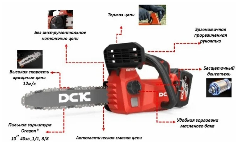 Пила цепная аккумуляторная DCK KDCS20101,18В, 2*5А/ч, з/у